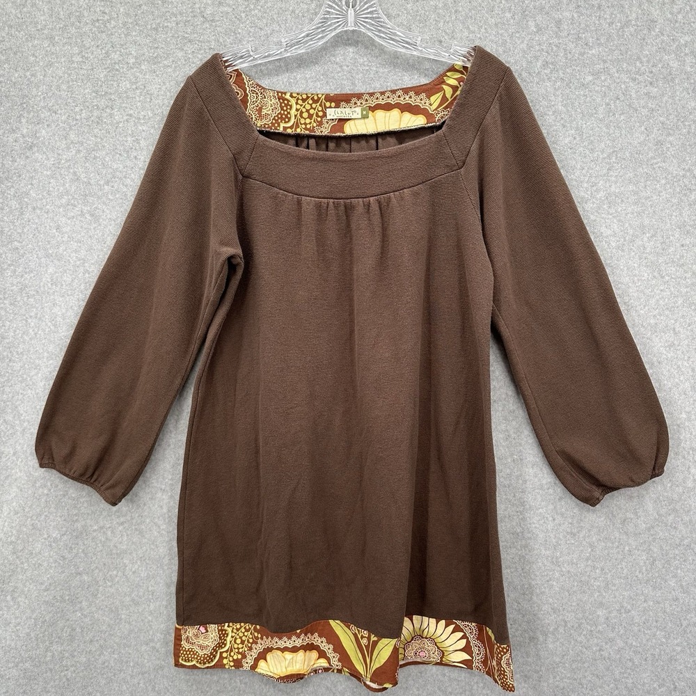 Chalet‎ Women's Tunic Top Dress Brown Boho Lagenlook Size Medium Floral Trim